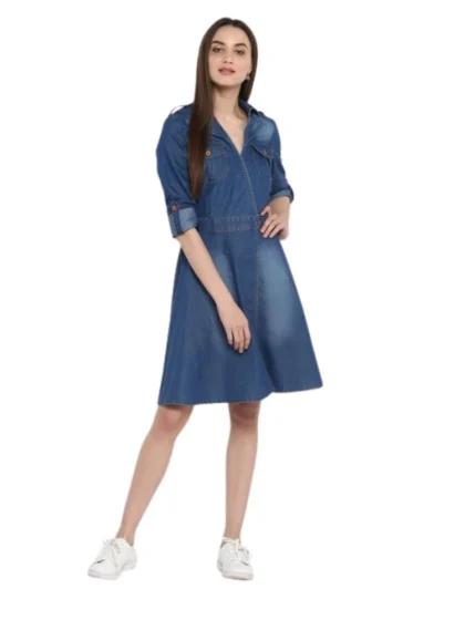 Women's Denim Solid Roll Up Sleeve Dress (Blue)