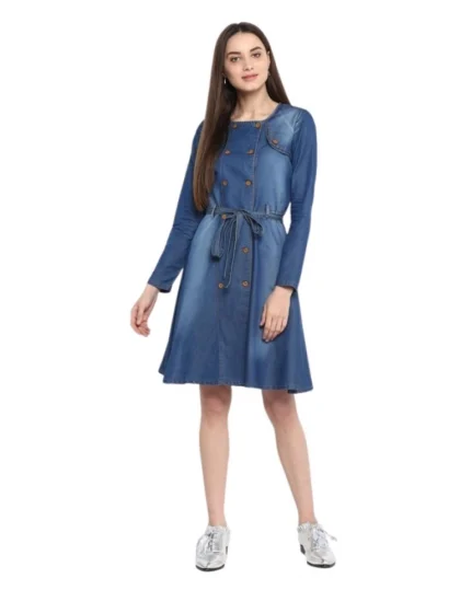 Women's Denim Washed Regular Sleeves Dress (Blue)