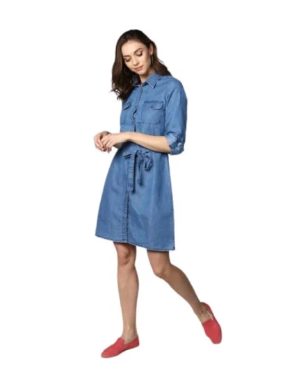 Women's Denim Solid Roll Up Sleeve Dress (Blue)