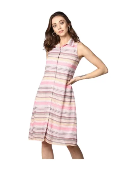 Women's Polyester Striped Sleeveless Dress (Pink)