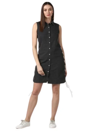 Women's Denim Solid Sleeveless Dress (Black)