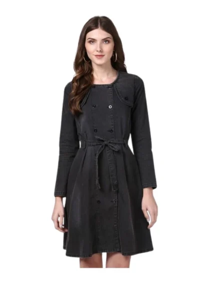 Women's Denim Washed Long Sleeves Dress (Black)