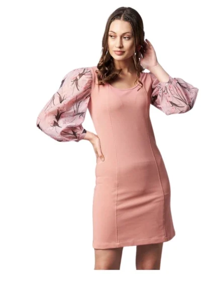 Women's Polyester Lycra And Organza Floral Balloon Sleeve Dress (Pink)