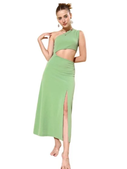 Women's Polyester Lycra Solid Sleeveless Dress (Green)