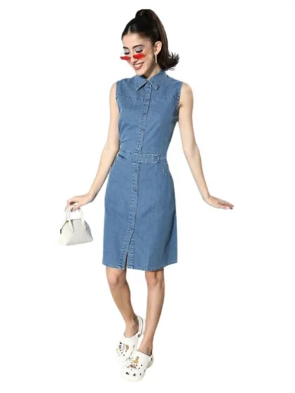 Women's Denim Solid Sleeveless Dress (Blue)