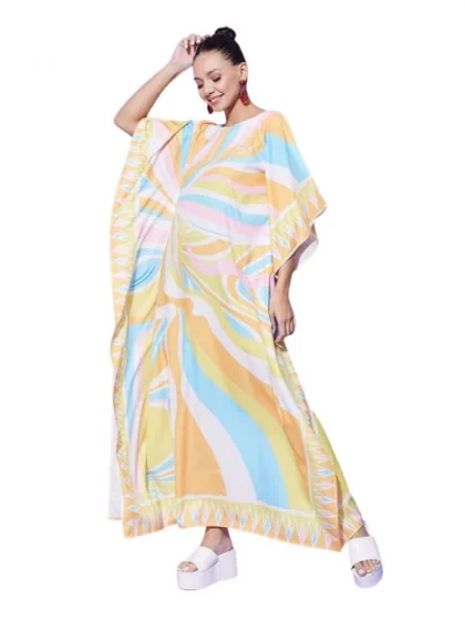 Women's Satin Colour Blocking Kaftan Dress (Multicolor)