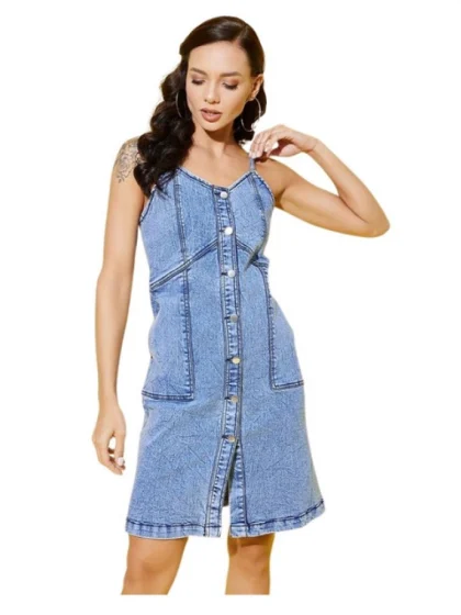 Women's Denim Solid Sleeveless Dress (Blue)