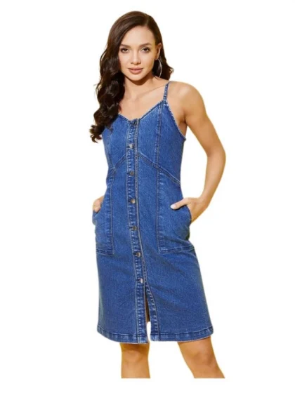 Women's Denim Washed Shoulder Straps Dress (Blue)