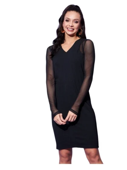 Women's Polyester And Net Solid Long Sleeves Dress (Black)