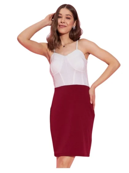Women's Polyester Lycra Color Blocking Shoulder Straps Dress (White - Maroon)