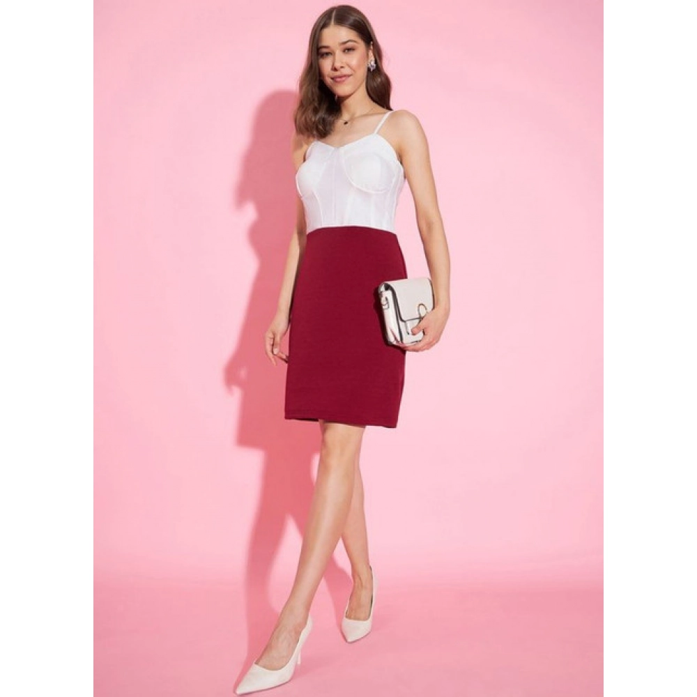 Women's Polyester Lycra Color Blocking Shoulder Straps Dress (White - Maroon) - Image 2