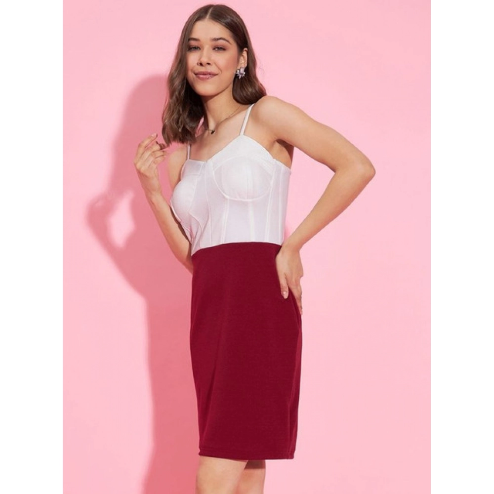 Women's Polyester Lycra Color Blocking Shoulder Straps Dress (White - Maroon) - Image 3