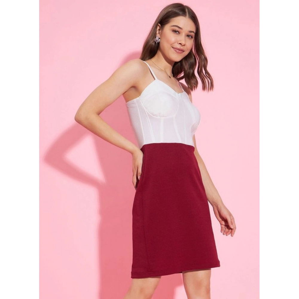 Women's Polyester Lycra Color Blocking Shoulder Straps Dress (White - Maroon) - Image 4