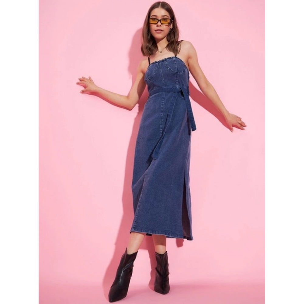 Women's Denim Solid Shoulder Straps Dress (Blue) - Image 2