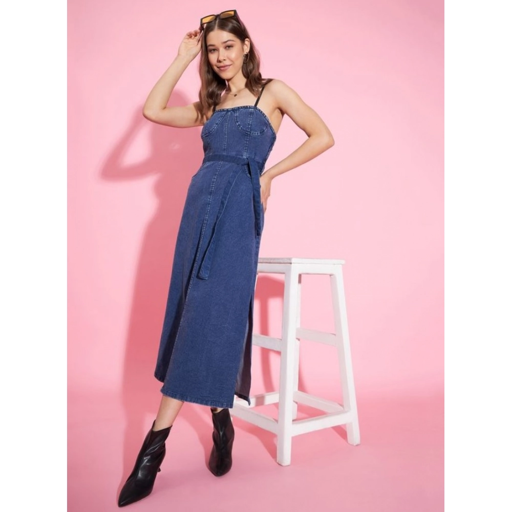 Women's Denim Solid Shoulder Straps Dress (Blue) - Image 3