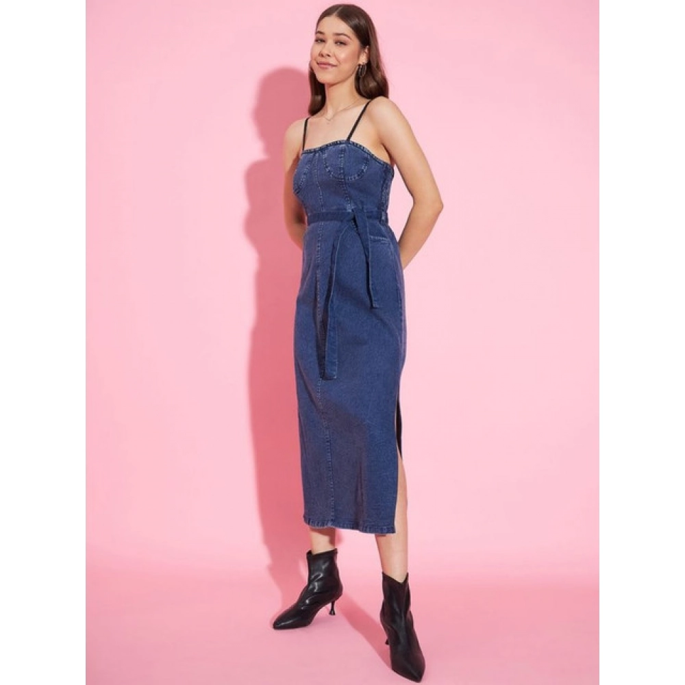 Women's Denim Solid Shoulder Straps Dress (Blue) - Image 4