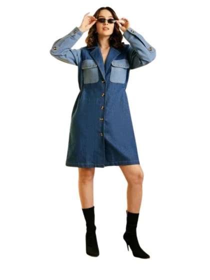 Women's Denim Color Blocking Roll Up Dress (Blue)