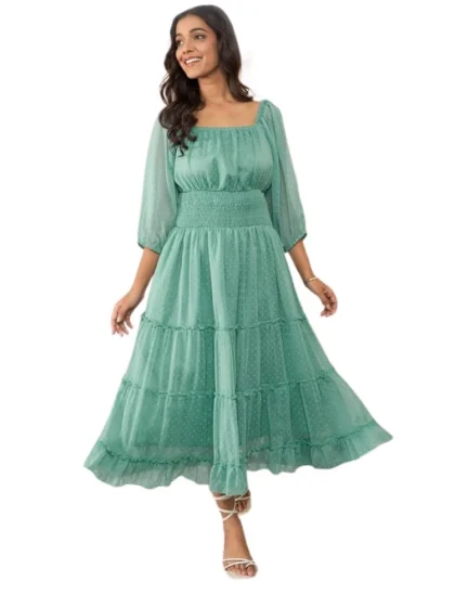Women's Chiffon Solid Puff Sleeve Dress (Green)