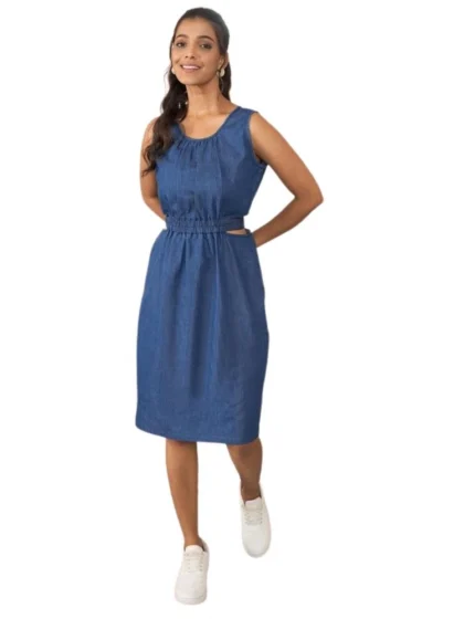 Women's Denim Solid Sleeveless Dress (Blue)