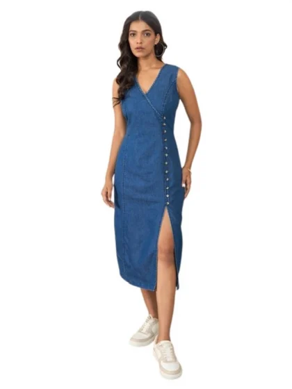 Women's Denim Solid Sleeveless Dress (Blue)
