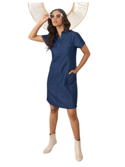 Women's Denim Solid Sleeveless Dress (Blue)