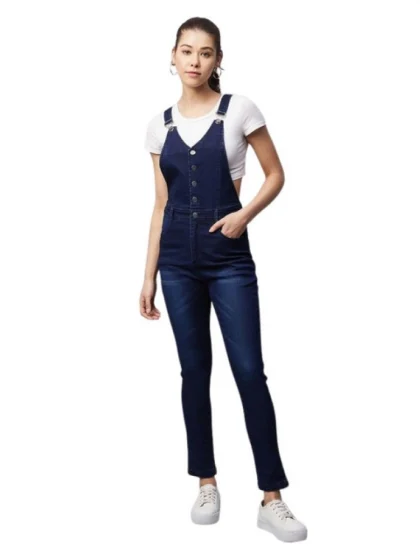 Women's Denim Lycra Solid Buttoned Dungaree (Navy)