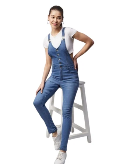 Women's Denim Lycra Solid Buttoned Dungaree (Ice Blue)
