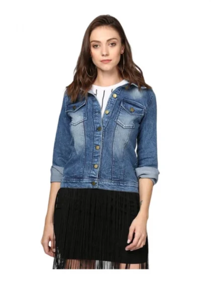 Women's Denim Washed Long Sleeves Jacket (Blue)