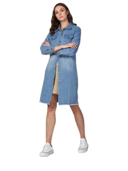 Women's Denim Washed Long Sleeves Jacket (Blue)