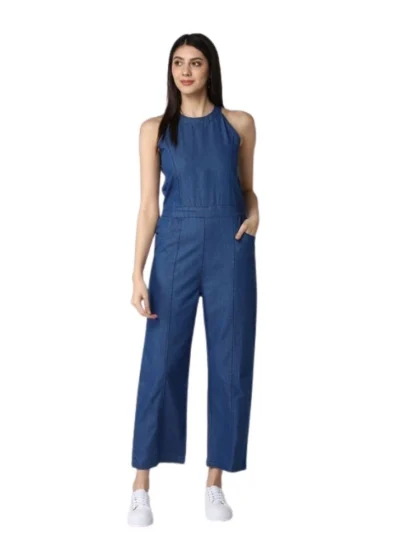Women's Denim Solid Sleeveless Jumpsuit (Blue)