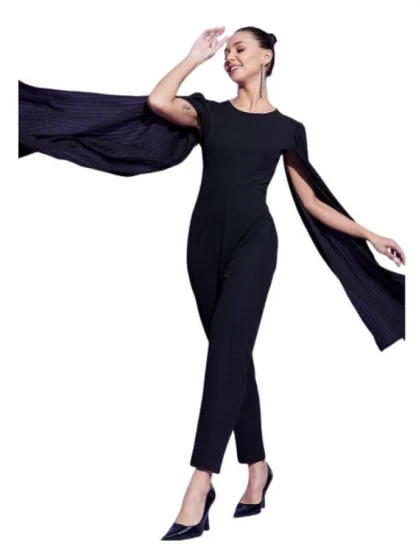 Women's Polyeter Solid Cape Sleeve Jumpsuit (Black)