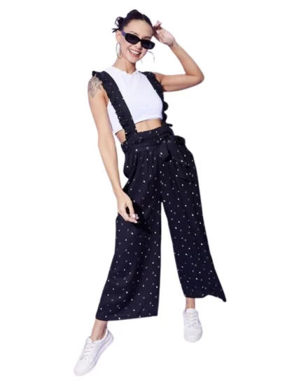 Women's Rayon Pinafore Shoulder Straps Jumpsuit (Black)