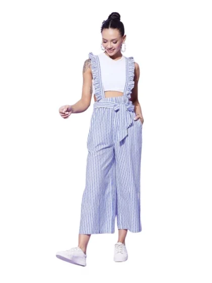 Women's Cotton Pinafore Shoulder Straps Jumpsuit (Light Blue)