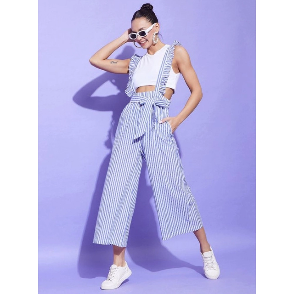 Women's Cotton Pinafore Shoulder Straps Jumpsuit (Light Blue) - Image 2