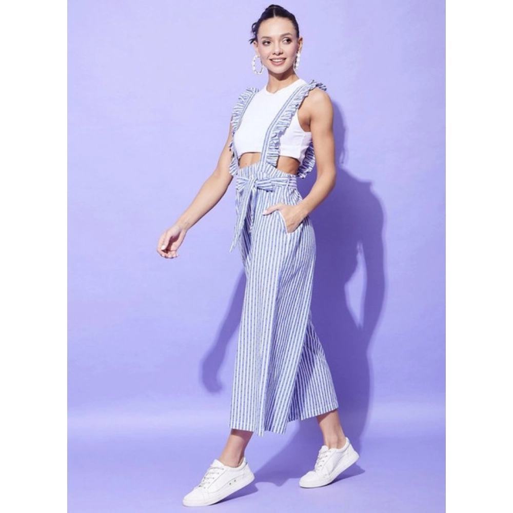 Women's Cotton Pinafore Shoulder Straps Jumpsuit (Light Blue) - Image 3