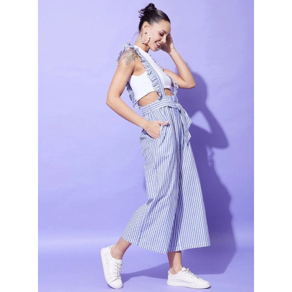 Women's Cotton Pinafore Shoulder Straps Jumpsuit (Light Blue) - Image 4