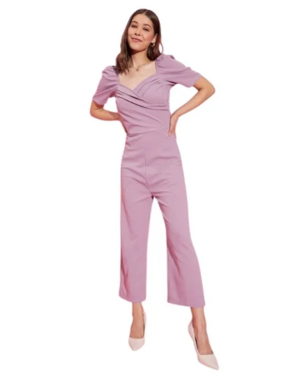 Women's Polyester Lycra Solid Puff Sleeve Jumpsuit (Lavender)