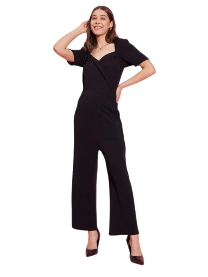 Women's Polyester Lycra Solid Puff Sleeve Jumpsuit (Black)
