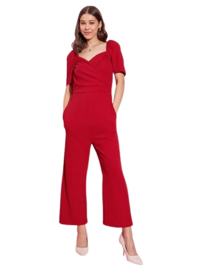 Women's Polyester Lycra Solid Puff Sleeve Jumpsuit (Red)
