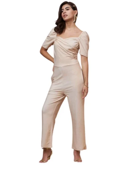 Women's Polyester Shimmer Self Design Short Sleeve Jumpsuit (Gold)
