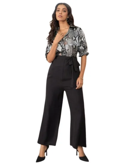 Women's Satin And Polyester Floral Half Sleeves Jumpsuit (Grey - Black)