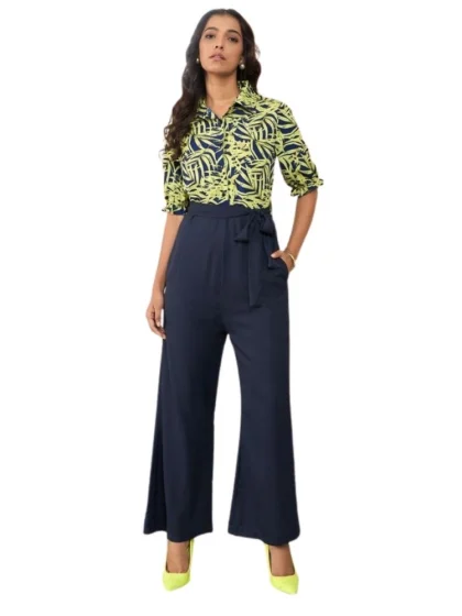 Women's Polyester Floral Half Sleeves Jumpsuit (Navy - Yellow)