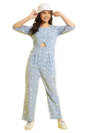 Girl's Cotton Printed 3-4th Sleeve Jumpsuit (Blue - White)