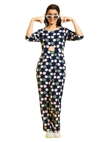 Girl's Cotton Polka 3-4th Sleeve Jumpsuit (Multicolor)
