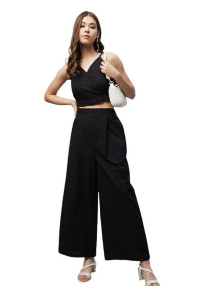 Women's Cotton Linen Solid Sleeveless Crop Top and Palazzo Set (Black)