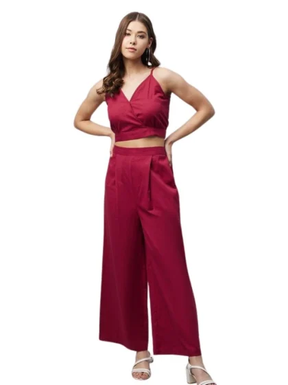 Women's Cotton Linen Solid Sleeveless Crop Top and Palazzo Set (Maroon)