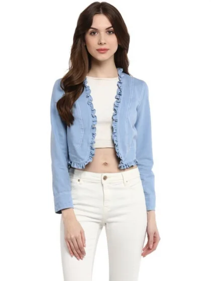 Women's Denim Ruffled Long Sleeves Shrug (Blue)