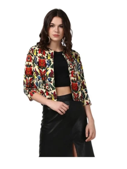 Women's Polyester Floral 3-4th Sleeves Shrug (Multicolor)