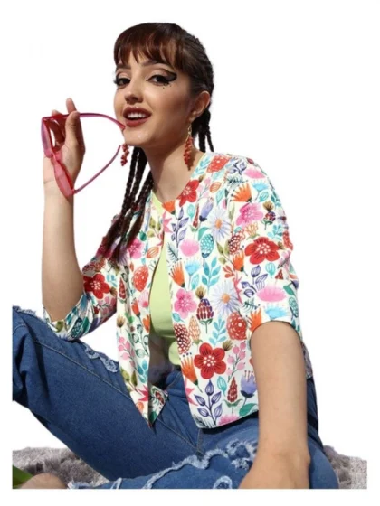 Women's Polyester Floral 3-4th Sleeves Shrug (Multicolor)