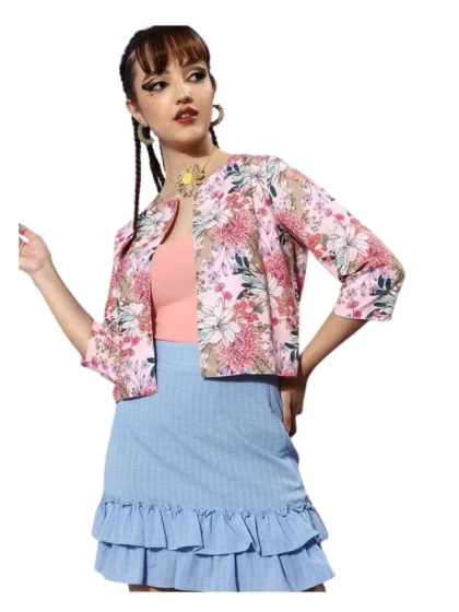 Women's Polyester Floral 3-4th Sleeves Shrug (Peach)